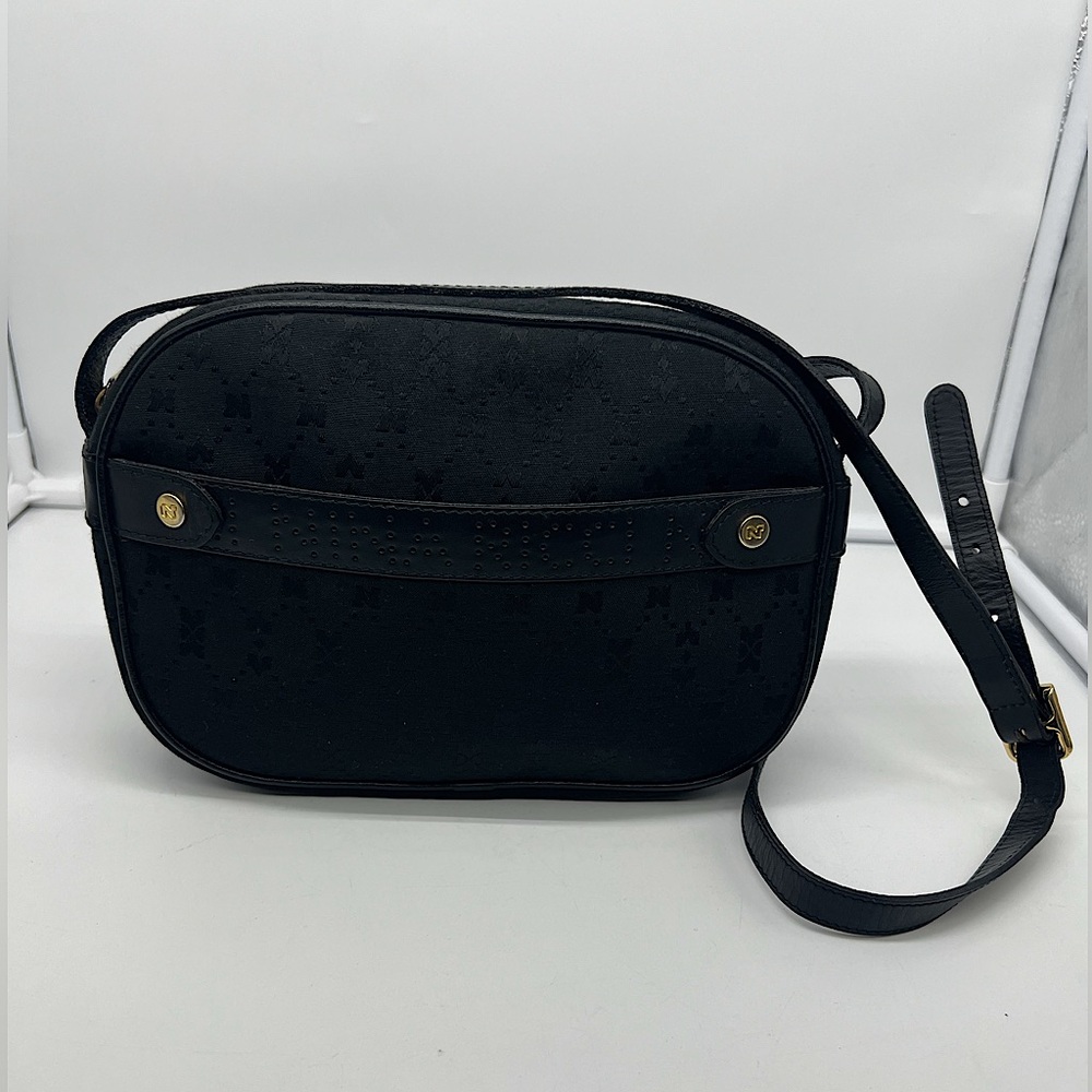 NINA RICCI Vintage Black Monogram Canvas Perforated Leather Trim Crossbody Bag